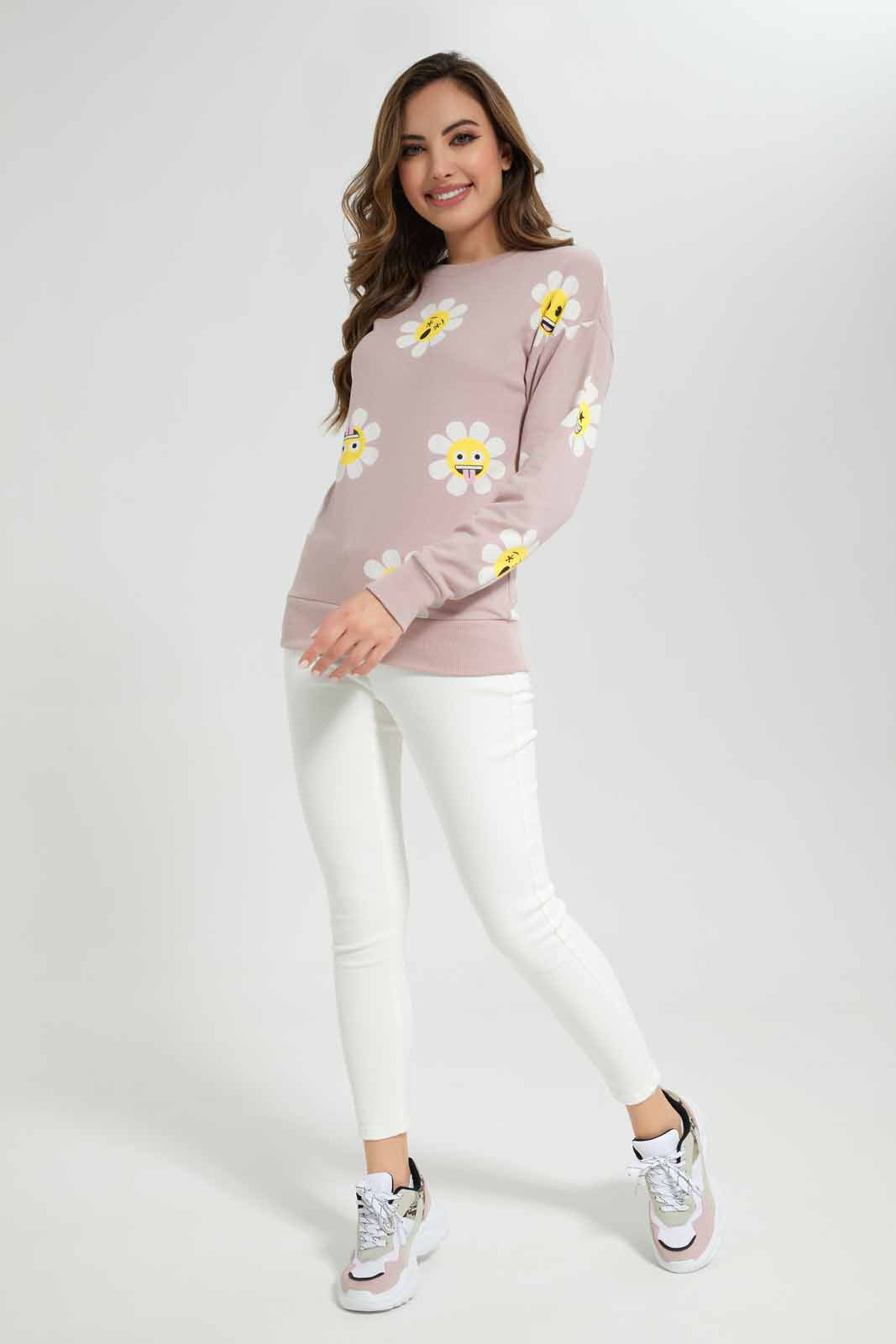 Redtag-Dusty-Pink-Emoji-Allover-Printed-Character-Sweatshirt-Category:Sweatshirts,-Colour:Apricot,-Deals:New-In,-Filter:Women's-Clothing,-New-In-Women-APL,-Non-Sale,-Section:Women,-TBL,-W22B,-Women-Sweatshirts-Women's-