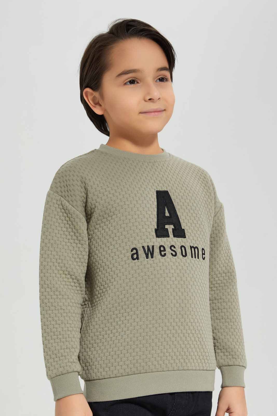 Redtag-Olive-Jacquard-Crew-Neck-Sweatshirt-BOY-Sweatshirts,-Category:Sweatshirts,-Colour:Green,-Deals:New-In,-Filter:Boys-(2-to-8-Yrs),-New-In-BOY-APL,-Non-Sale,-Section:Boys-(0-to-14Yrs),-W22B-Boys-2 to 8 Years