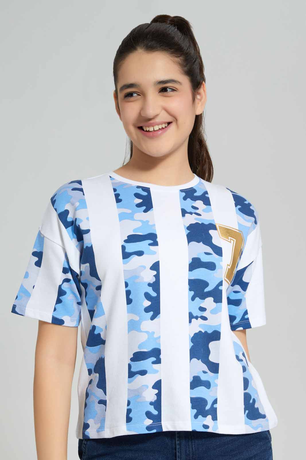 Redtag-White/Blue-Crop-Top-Category:T-Shirts,-Colour:Assorted,-Deals:New-In,-Filter:Senior-Girls-(8-to-14-Yrs),-FWC,-GSR-T-Shirts,-New-In-GSR-APL,-Non-Sale,-Section:Girls-(0-to-14Yrs),-W22A-Senior-Girls-9 to 14 Years