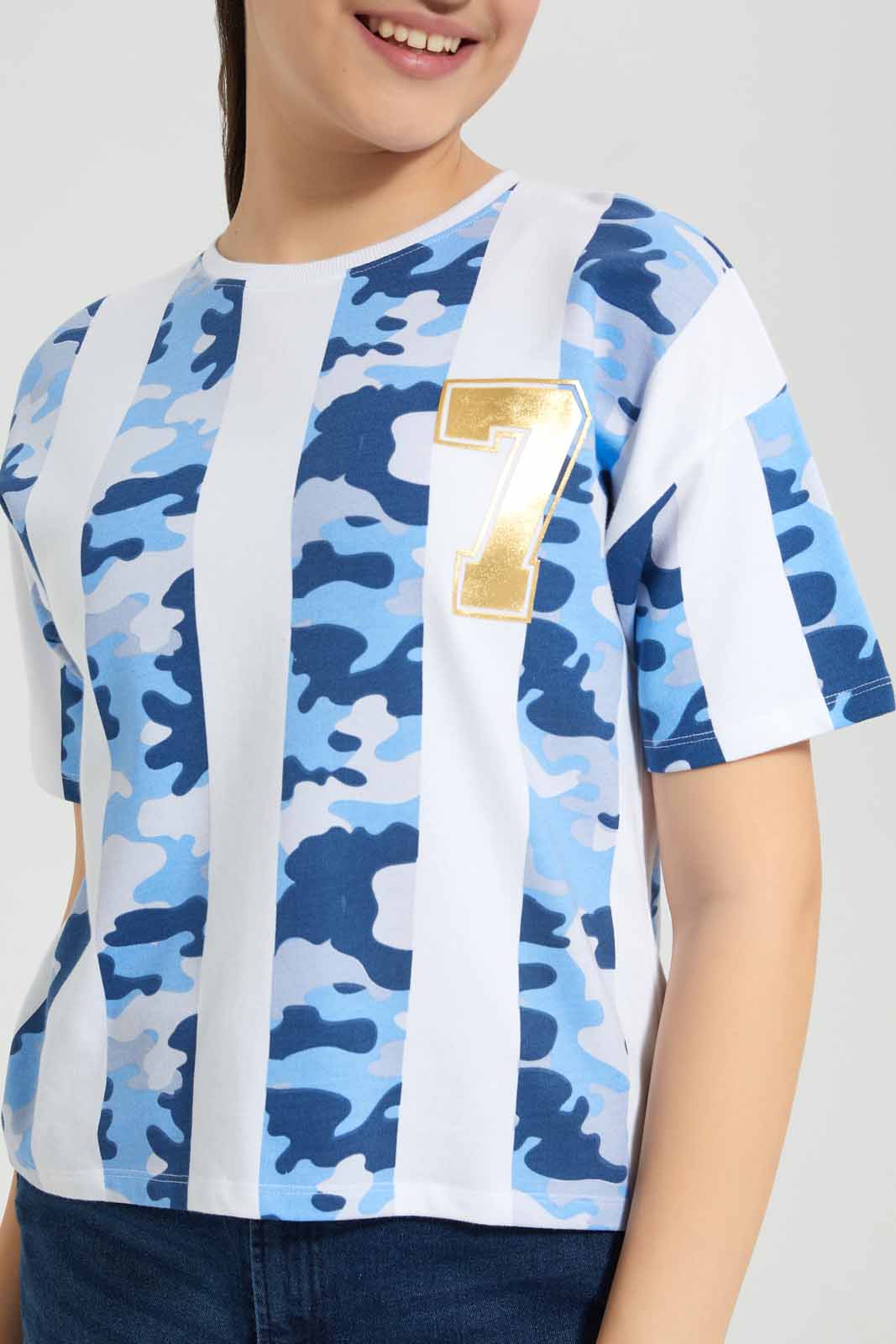 Redtag-White/Blue-Crop-Top-Category:T-Shirts,-Colour:Assorted,-Deals:New-In,-Filter:Senior-Girls-(8-to-14-Yrs),-FWC,-GSR-T-Shirts,-New-In-GSR-APL,-Non-Sale,-Section:Girls-(0-to-14Yrs),-W22A-Senior-Girls-9 to 14 Years