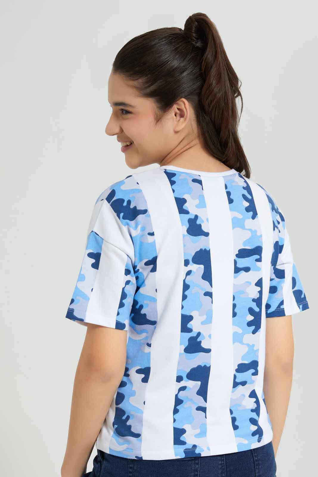Redtag-White/Blue-Crop-Top-Category:T-Shirts,-Colour:Assorted,-Deals:New-In,-Filter:Senior-Girls-(8-to-14-Yrs),-FWC,-GSR-T-Shirts,-New-In-GSR-APL,-Non-Sale,-Section:Girls-(0-to-14Yrs),-W22A-Senior-Girls-9 to 14 Years