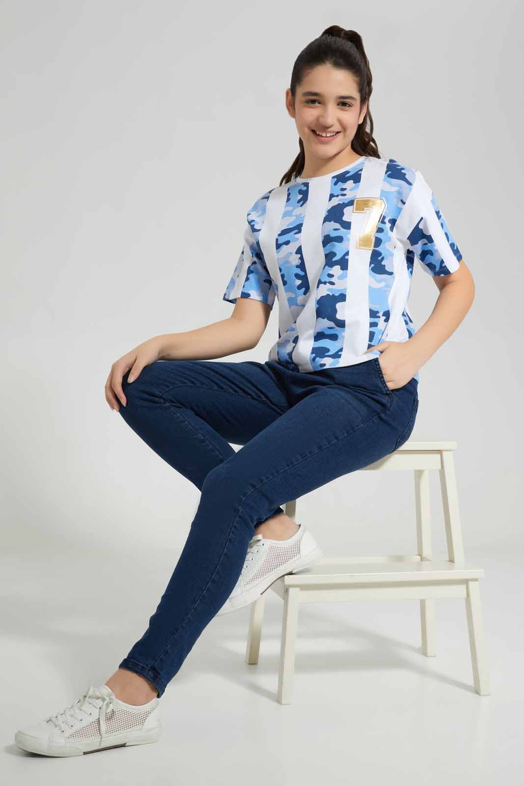 Redtag-White/Blue-Crop-Top-Category:T-Shirts,-Colour:Assorted,-Deals:New-In,-Filter:Senior-Girls-(8-to-14-Yrs),-FWC,-GSR-T-Shirts,-New-In-GSR-APL,-Non-Sale,-Section:Girls-(0-to-14Yrs),-W22A-Senior-Girls-9 to 14 Years