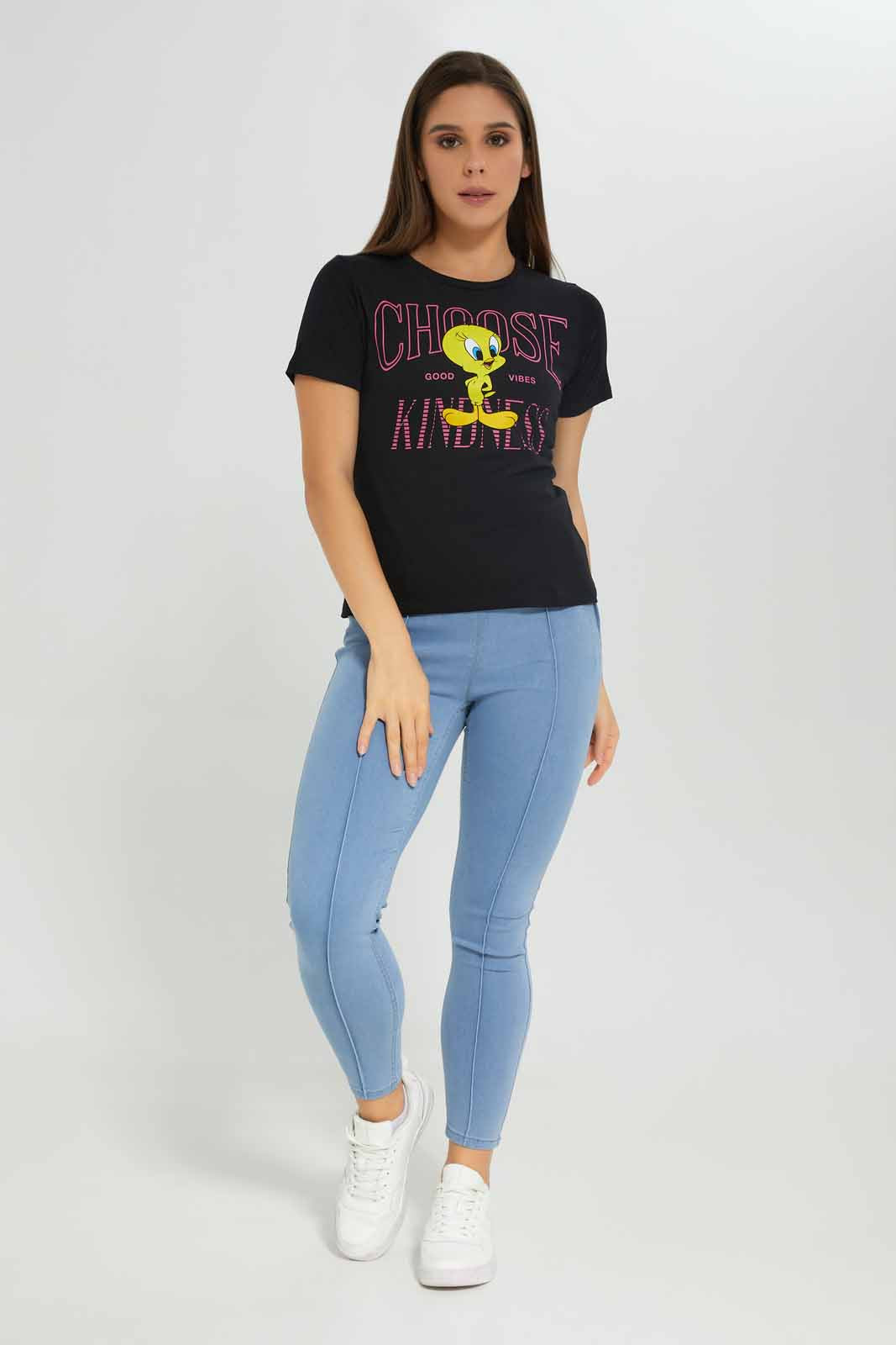 Redtag-Black-Tweety-Print-T-Shirt-Category:T-Shirts,-Colour:Black,-Deals:New-In,-Dept:Ladieswear,-Filter:Women's-Clothing,-New-In-Women-APL,-Non-Sale,-Section:Women,-TBL,-W22B,-Women-T-Shirts-Women's-