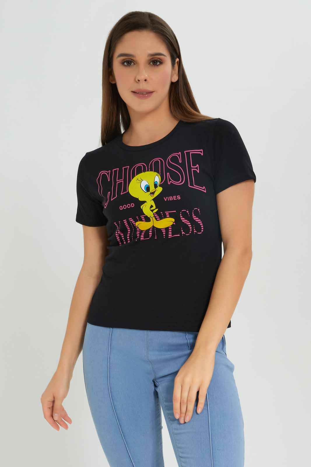 Redtag-Black-Tweety-Print-T-Shirt-Category:T-Shirts,-Colour:Black,-Deals:New-In,-Dept:Ladieswear,-Filter:Women's-Clothing,-New-In-Women-APL,-Non-Sale,-Section:Women,-TBL,-W22B,-Women-T-Shirts-Women's-