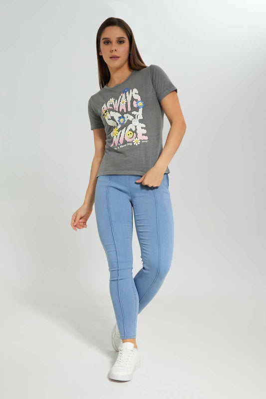 Redtag-Charcoal-Smiley-Printed-T-shirt-Category:T-Shirts,-Colour:Charcoal,-Deals:New-In,-Dept:Ladieswear,-Filter:Women's-Clothing,-New-In-Women-APL,-Non-Sale,-Section:Women,-TBL,-W22B,-Women-T-Shirts-Women's-
