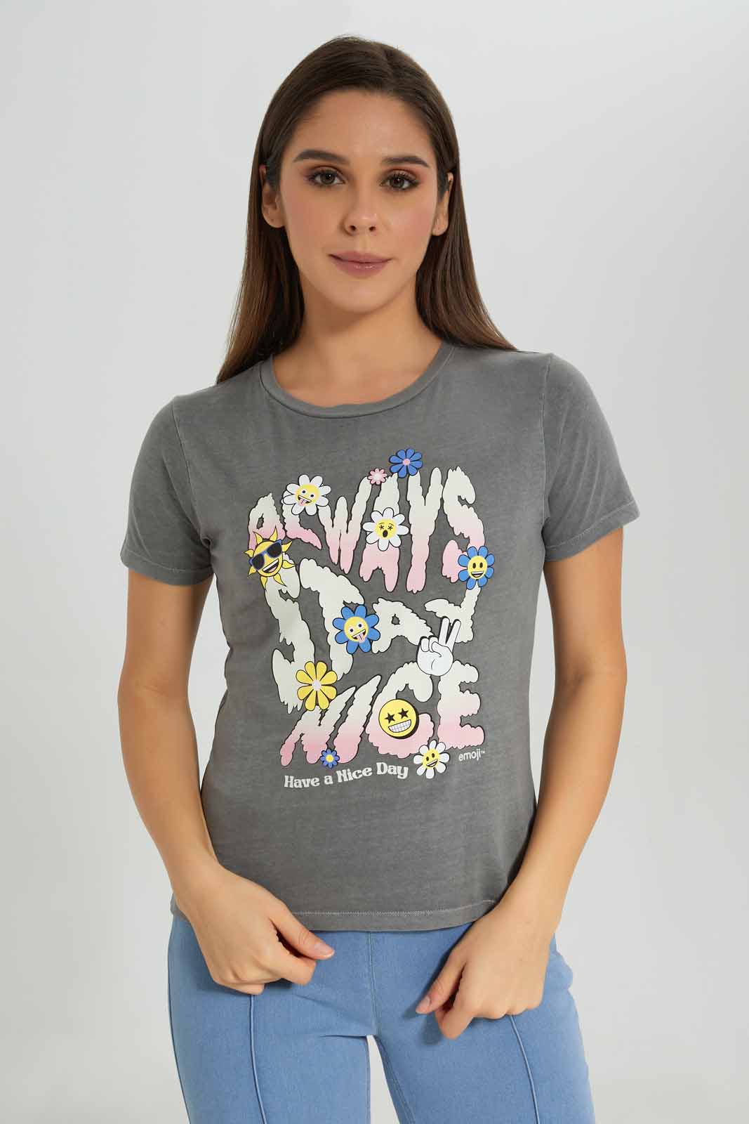 Redtag-Charcoal-Smiley-Printed-T-shirt-Category:T-Shirts,-Colour:Charcoal,-Deals:New-In,-Dept:Ladieswear,-Filter:Women's-Clothing,-New-In-Women-APL,-Non-Sale,-Section:Women,-TBL,-W22B,-Women-T-Shirts-Women's-