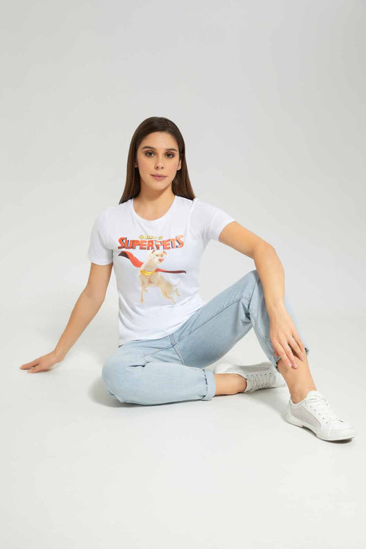 Redtag-White-Super-Pets-Printed-T-shirt-Category:T-Shirts,-Colour:White,-Deals:New-In,-Dept:Ladieswear,-Filter:Women's-Clothing,-New-In-Women-APL,-Non-Sale,-Section:Women,-TBL,-W22B,-Women-T-Shirts-Women's-