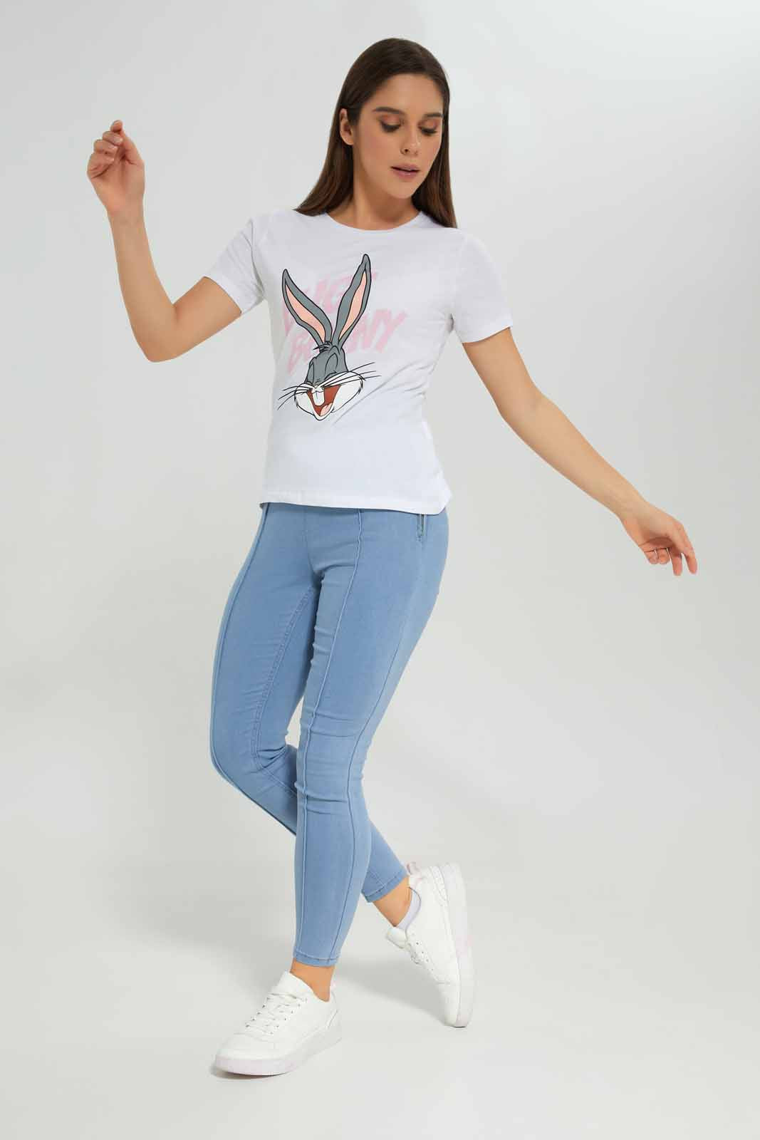Redtag-White-Bugs-Bunny-Printed-T-Shirt-Category:T-Shirts,-Colour:White,-Deals:New-In,-Dept:Ladieswear,-Filter:Women's-Clothing,-New-In-Women-APL,-Non-Sale,-Section:Women,-TBL,-W22B,-Women-T-Shirts-Women's-