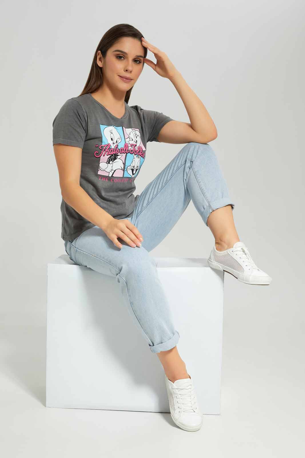 Redtag-Charcoal-Looney-Tunes-Printed-T-shirt-Category:T-Shirts,-Colour:Charcoal,-Deals:New-In,-Dept:Ladieswear,-Filter:Women's-Clothing,-New-In-Women-APL,-Non-Sale,-Section:Women,-TBL,-W22B,-Women-T-Shirts-Women's-