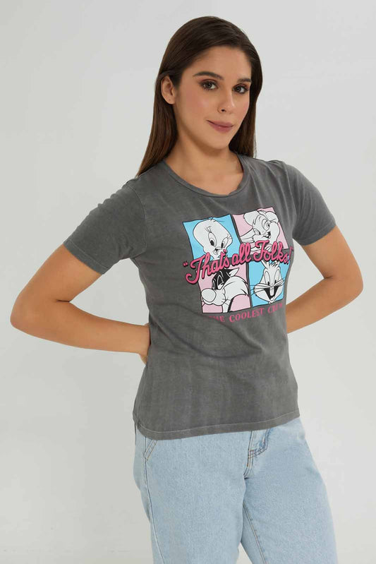 Redtag-Charcoal-Looney-Tunes-Printed-T-shirt-Category:T-Shirts,-Colour:Charcoal,-Deals:New-In,-Dept:Ladieswear,-Filter:Women's-Clothing,-New-In-Women-APL,-Non-Sale,-Section:Women,-TBL,-W22B,-Women-T-Shirts-Women's-