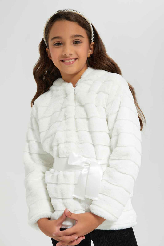 Redtag-Cream-Long-Sleeve-Fur-Jacket-With-Hood-Category:Jackets,-Colour:Cream,-Deals:New-In,-Filter:Girls-(2-to-8-Yrs),-GIR-Jackets,-New-In-GIR-APL,-Non-Sale,-Section:Girls-(0-to-14Yrs),-W22B-Girls-2 to 8 Years
