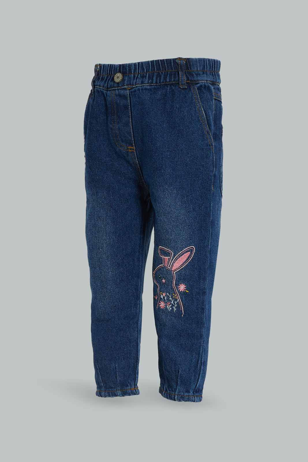 Redtag-Blue-Rabbit-Embroidery-Jeans-Category:Jeans,-Colour:Blue,-Deals:New-In,-Dept:Girls,-Filter:Infant-Girls-(3-to-24-Mths),-ING-Jeans,-New-In-ING-APL,-Non-Sale,-Section:Girls-(0-to-14Yrs),-W22B-Infant-Girls-3 to 24 Months