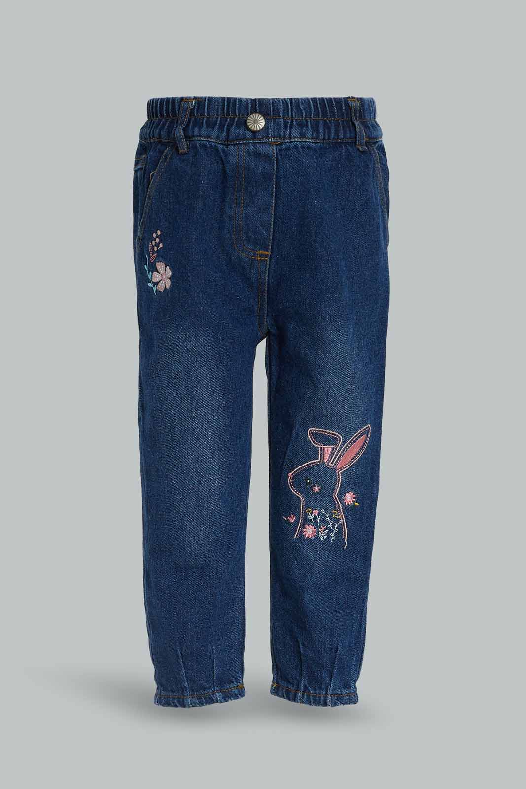 Redtag-Blue-Rabbit-Embroidery-Jeans-Category:Jeans,-Colour:Blue,-Deals:New-In,-Dept:Girls,-Filter:Infant-Girls-(3-to-24-Mths),-ING-Jeans,-New-In-ING-APL,-Non-Sale,-Section:Girls-(0-to-14Yrs),-W22B-Infant-Girls-3 to 24 Months
