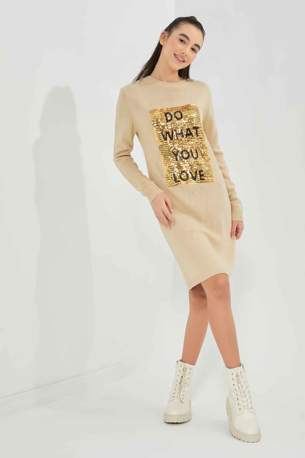 Redtag-Beige-Sweater-Dress-Category:Dresses,-Colour:Beige,-Deals:New-In,-Dept:Girls,-Filter:Senior-Girls-(8-to-14-Yrs),-GSR-Dresses,-New-In-GSR-APL,-Non-Sale,-Section:Girls-(0-to-14Yrs),-W22B-Senior-Girls-9 to 14 Years