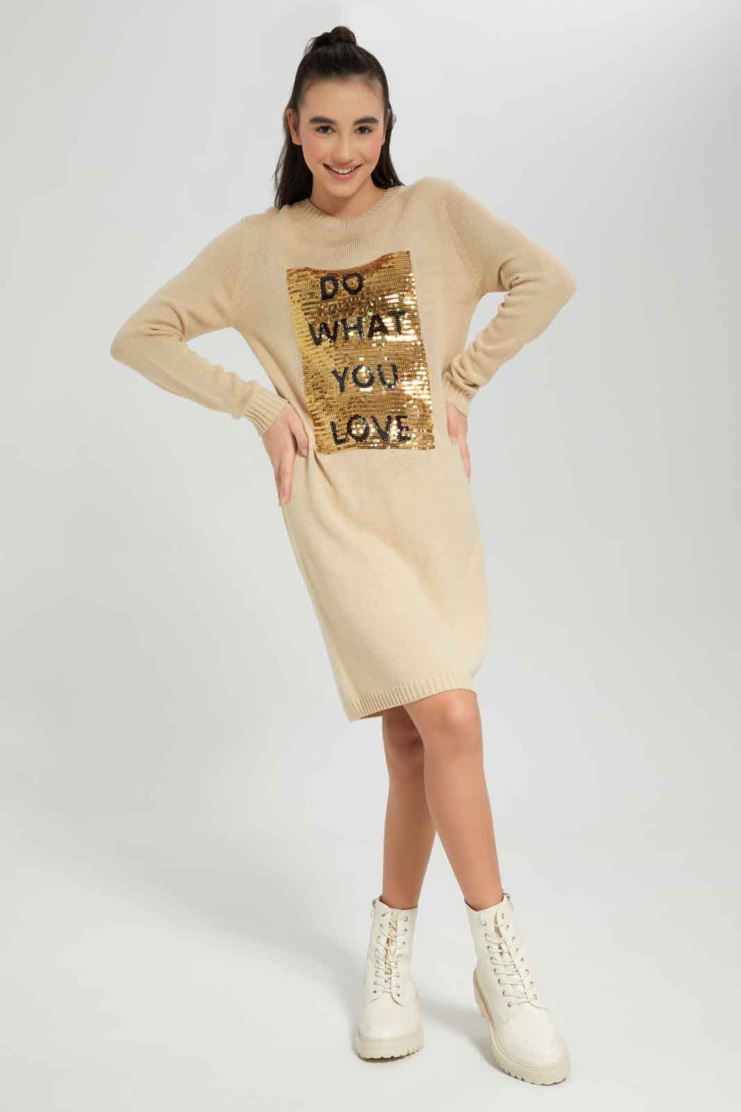 Redtag-Beige-Sweater-Dress-Category:Dresses,-Colour:Beige,-Deals:New-In,-Dept:Girls,-Filter:Senior-Girls-(8-to-14-Yrs),-GSR-Dresses,-New-In-GSR-APL,-Non-Sale,-Section:Girls-(0-to-14Yrs),-W22B-Senior-Girls-9 to 14 Years