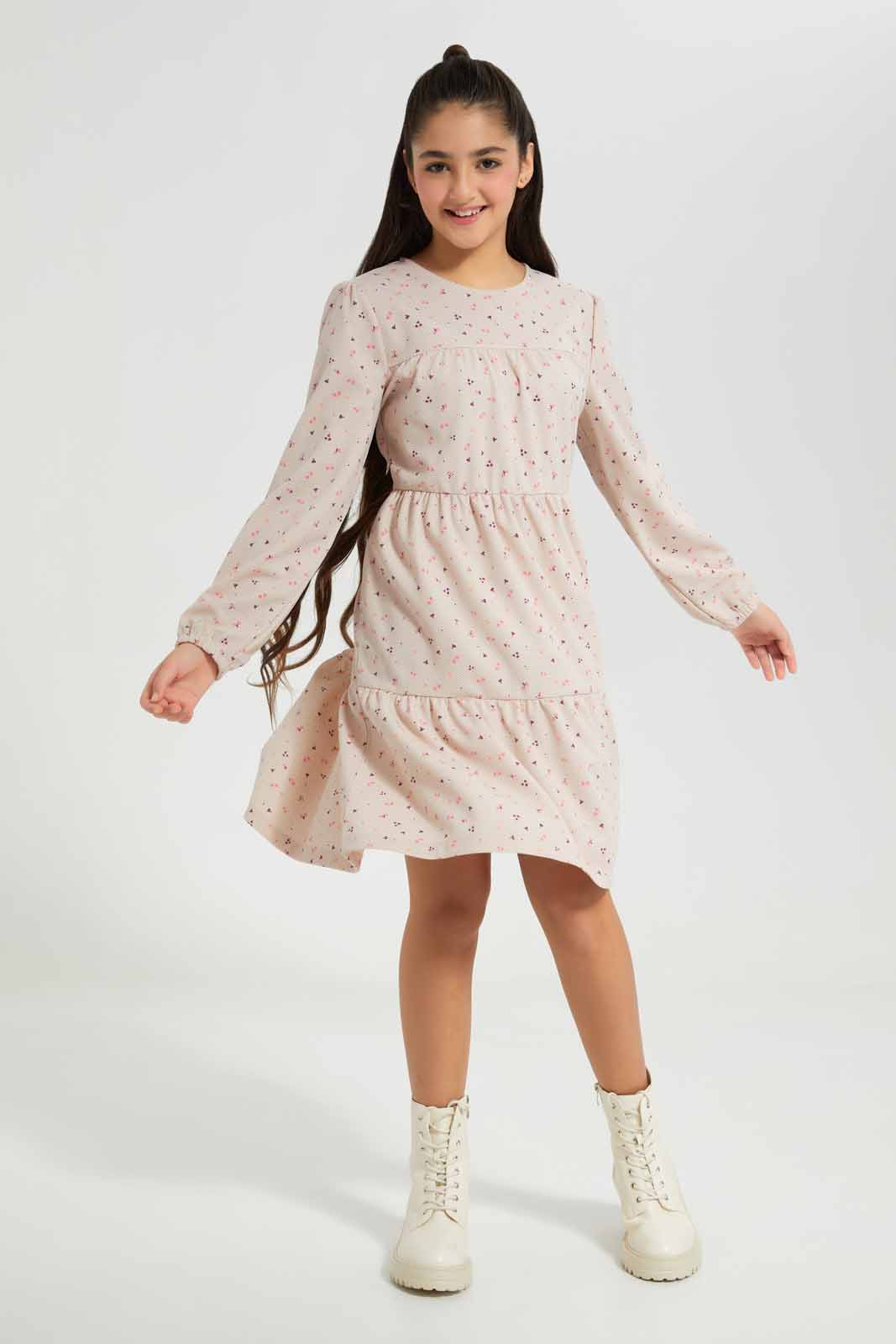Redtag-Beige-Ditsy-print-Layered-Dress-Category:Dresses,-Colour:Assorted,-Deals:New-In,-Filter:Senior-Girls-(8-to-14-Yrs),-GSR-Dresses,-New-In-GSR-APL,-Non-Sale,-Section:Girls-(0-to-14Yrs),-W22B-Senior-Girls-9 to 14 Years