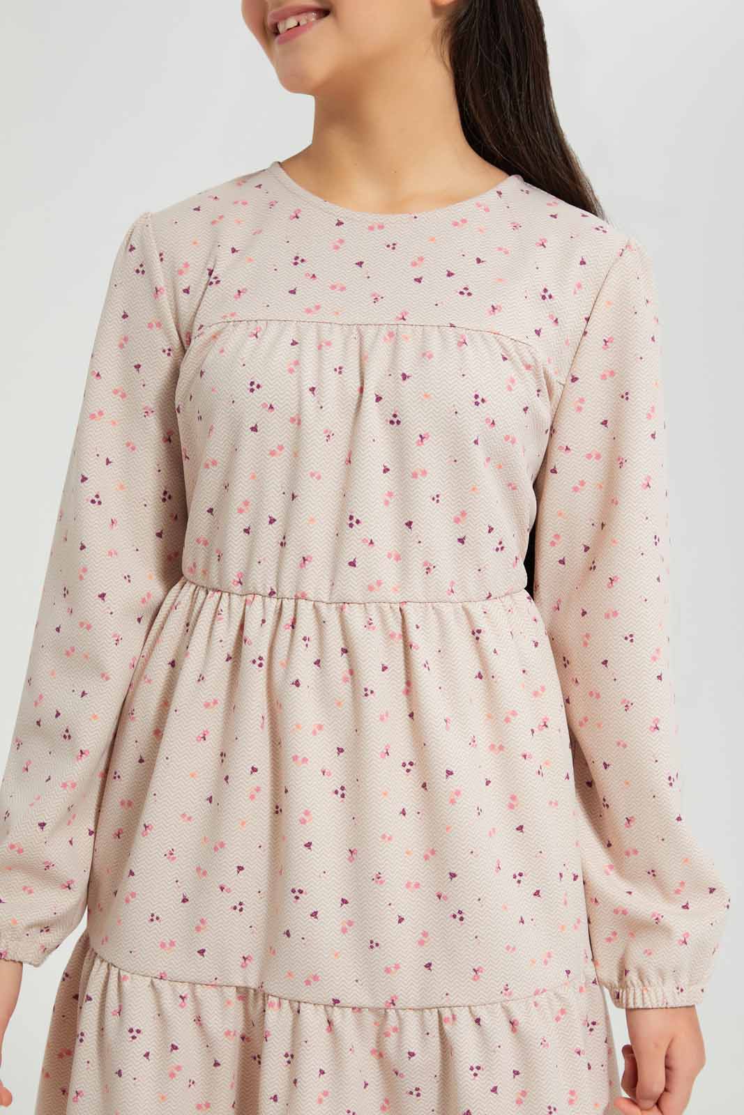 Redtag-Beige-Ditsy-print-Layered-Dress-Category:Dresses,-Colour:Assorted,-Deals:New-In,-Filter:Senior-Girls-(8-to-14-Yrs),-GSR-Dresses,-New-In-GSR-APL,-Non-Sale,-Section:Girls-(0-to-14Yrs),-W22B-Senior-Girls-9 to 14 Years
