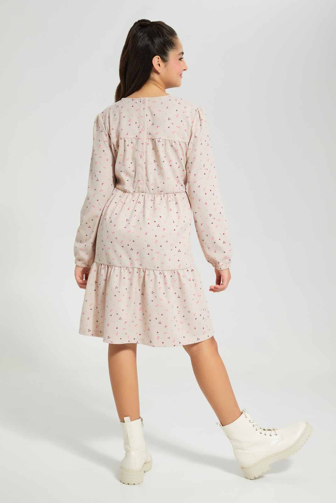 Redtag-Beige-Ditsy-print-Layered-Dress-Category:Dresses,-Colour:Assorted,-Deals:New-In,-Filter:Senior-Girls-(8-to-14-Yrs),-GSR-Dresses,-New-In-GSR-APL,-Non-Sale,-Section:Girls-(0-to-14Yrs),-W22B-Senior-Girls-9 to 14 Years