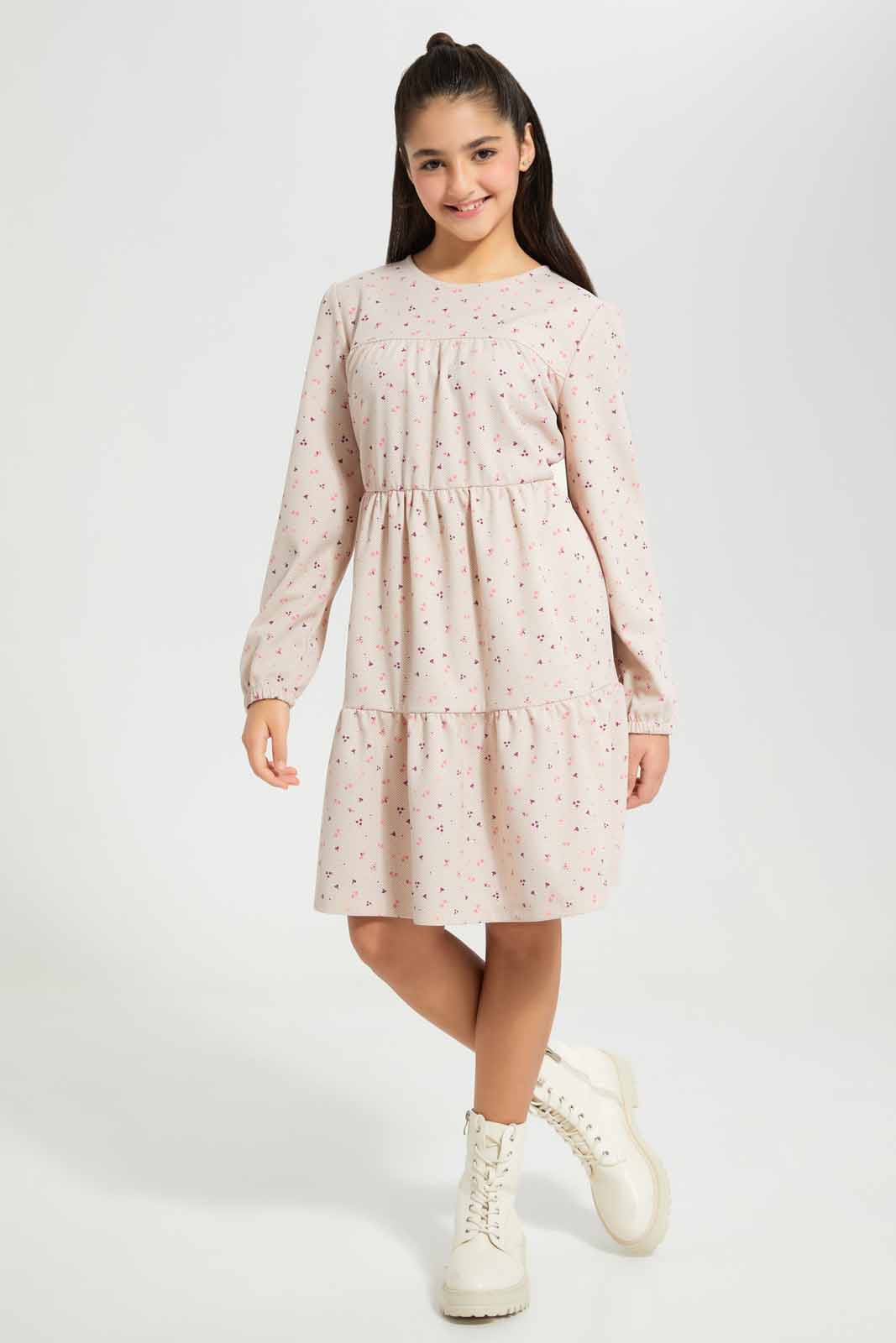 Redtag-Beige-Ditsy-print-Layered-Dress-Category:Dresses,-Colour:Assorted,-Deals:New-In,-Filter:Senior-Girls-(8-to-14-Yrs),-GSR-Dresses,-New-In-GSR-APL,-Non-Sale,-Section:Girls-(0-to-14Yrs),-W22B-Senior-Girls-9 to 14 Years
