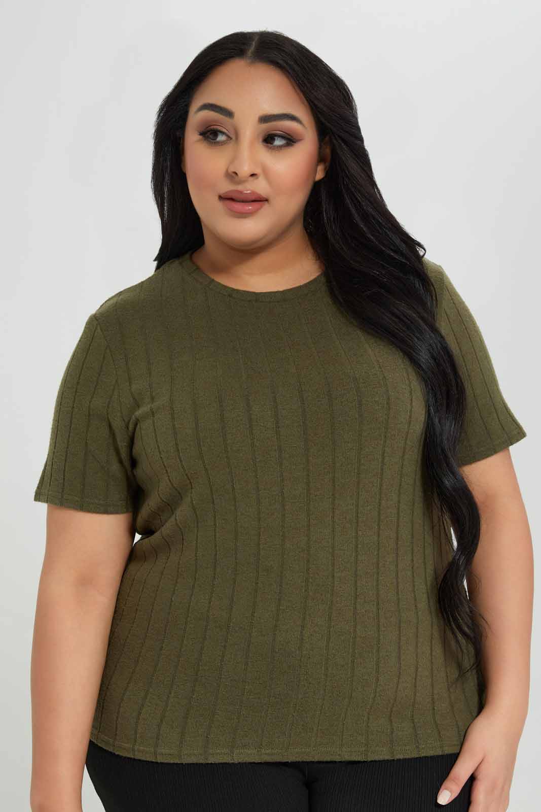 Redtag-Olive-Ribbed-Crew-Neck-T-shirt-Category:T-Shirts,-Colour:Olive,-Deals:New-In,-Filter:Plus-Size,-LDP-T-Shirts,-New-In-LDP-APL,-Non-Sale,-Section:Women,-W22B-Women's-