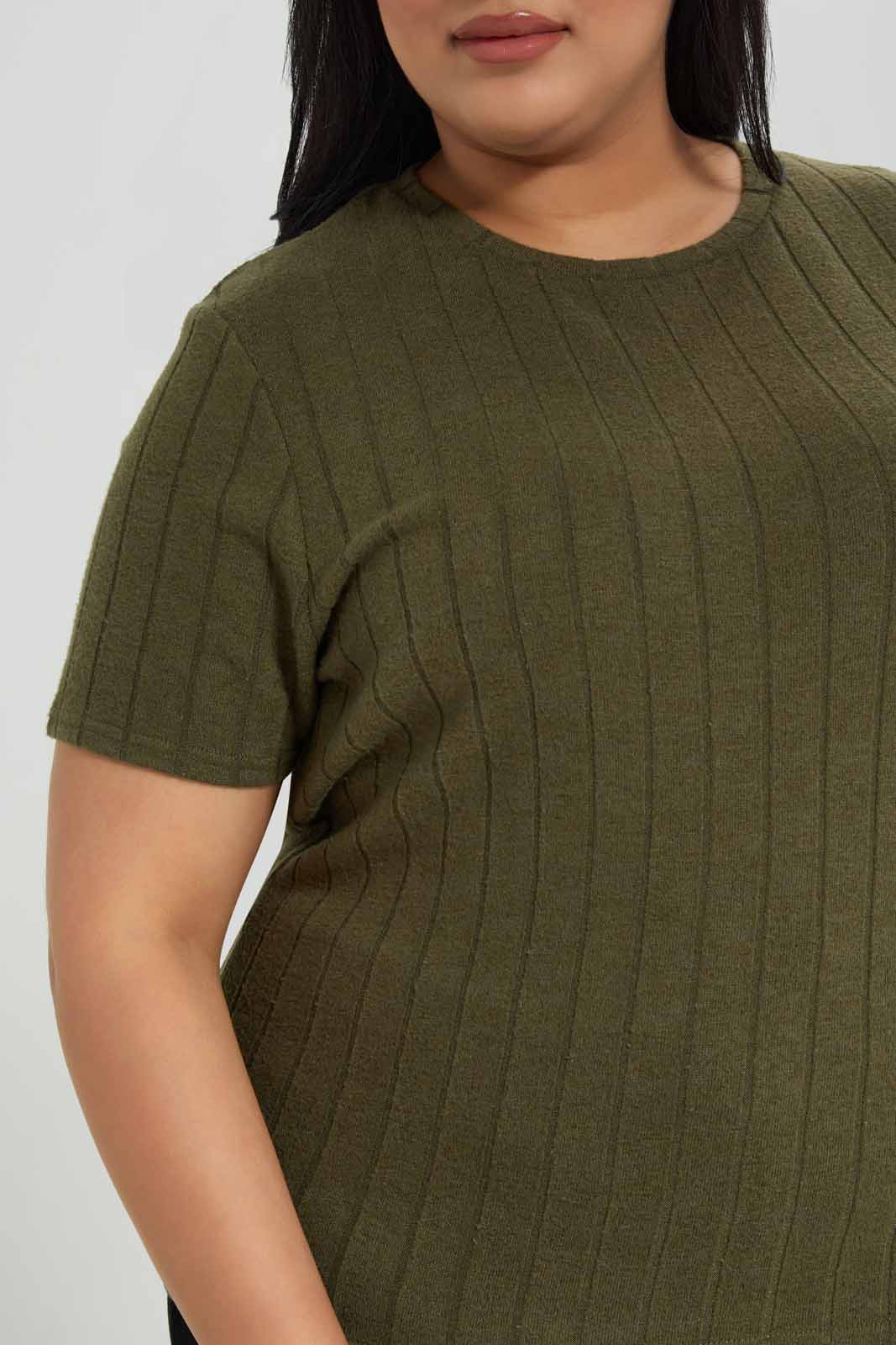 Redtag-Olive-Ribbed-Crew-Neck-T-shirt-Category:T-Shirts,-Colour:Olive,-Deals:New-In,-Filter:Plus-Size,-LDP-T-Shirts,-New-In-LDP-APL,-Non-Sale,-Section:Women,-W22B-Women's-