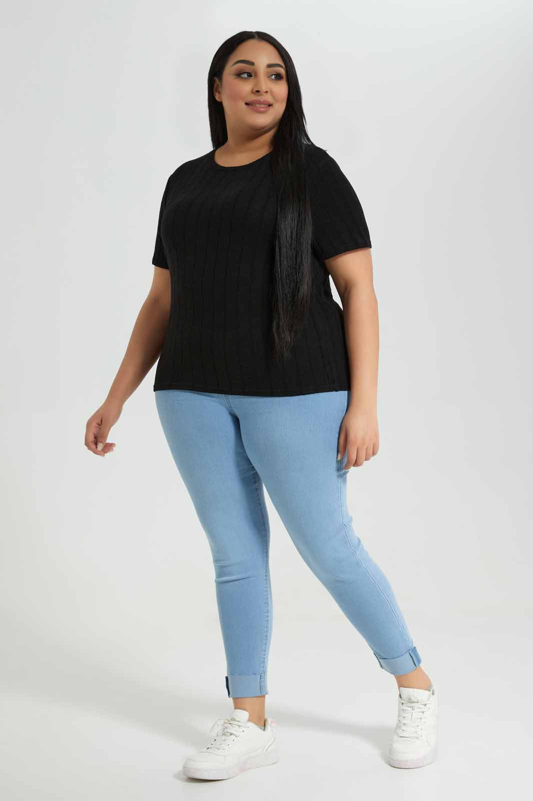 Redtag-Black-Ribbed-Crew-Neck-T-shirt-Category:T-Shirts,-Colour:Black,-Deals:New-In,-Filter:Plus-Size,-LDP-T-Shirts,-New-In-LDP-APL,-Non-Sale,-Section:Women,-W22B-Women's-