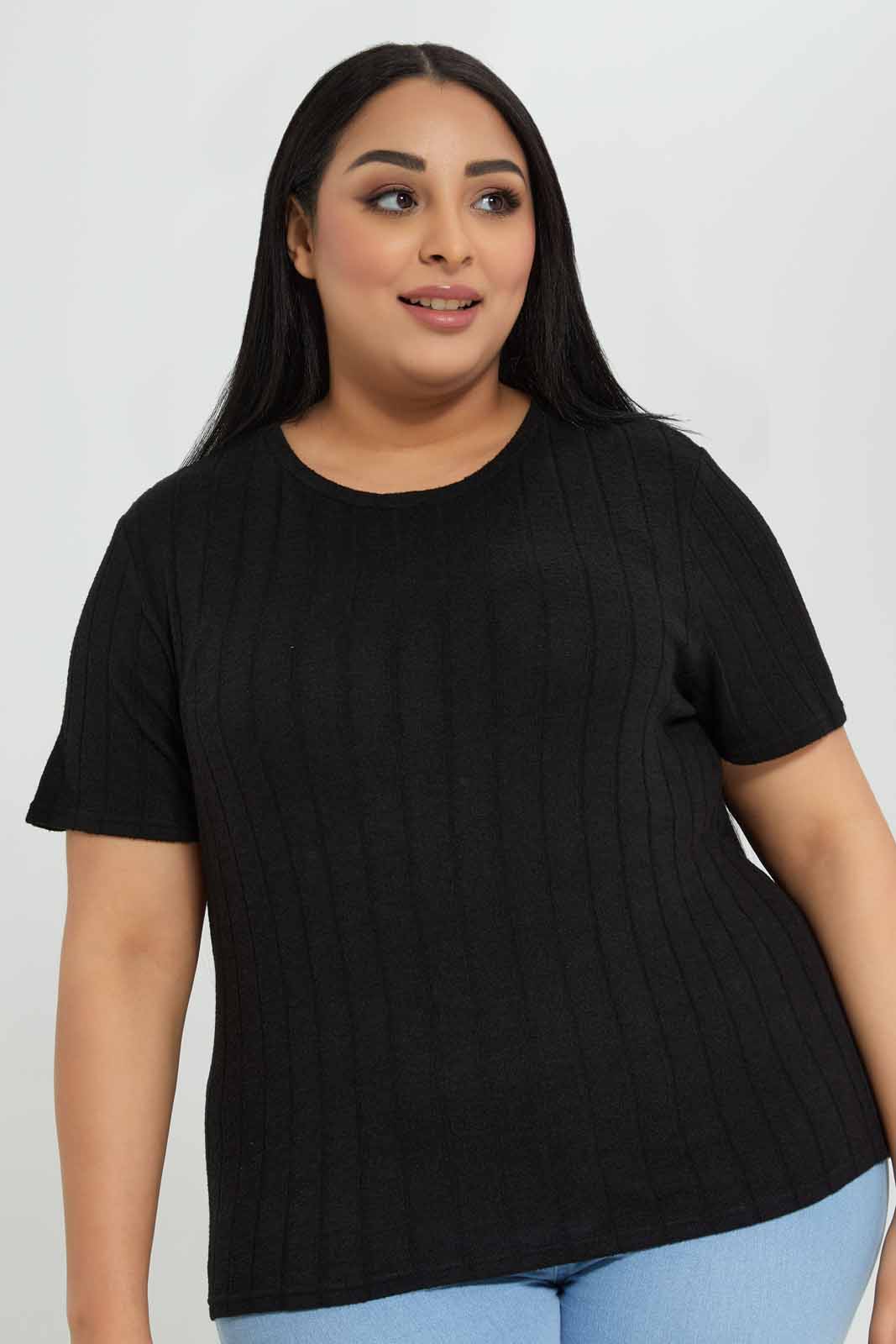 Redtag-Black-Ribbed-Crew-Neck-T-shirt-Category:T-Shirts,-Colour:Black,-Deals:New-In,-Filter:Plus-Size,-LDP-T-Shirts,-New-In-LDP-APL,-Non-Sale,-Section:Women,-W22B-Women's-