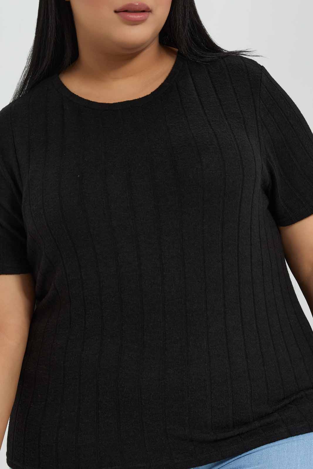 Redtag-Black-Ribbed-Crew-Neck-T-shirt-Category:T-Shirts,-Colour:Black,-Deals:New-In,-Filter:Plus-Size,-LDP-T-Shirts,-New-In-LDP-APL,-Non-Sale,-Section:Women,-W22B-Women's-