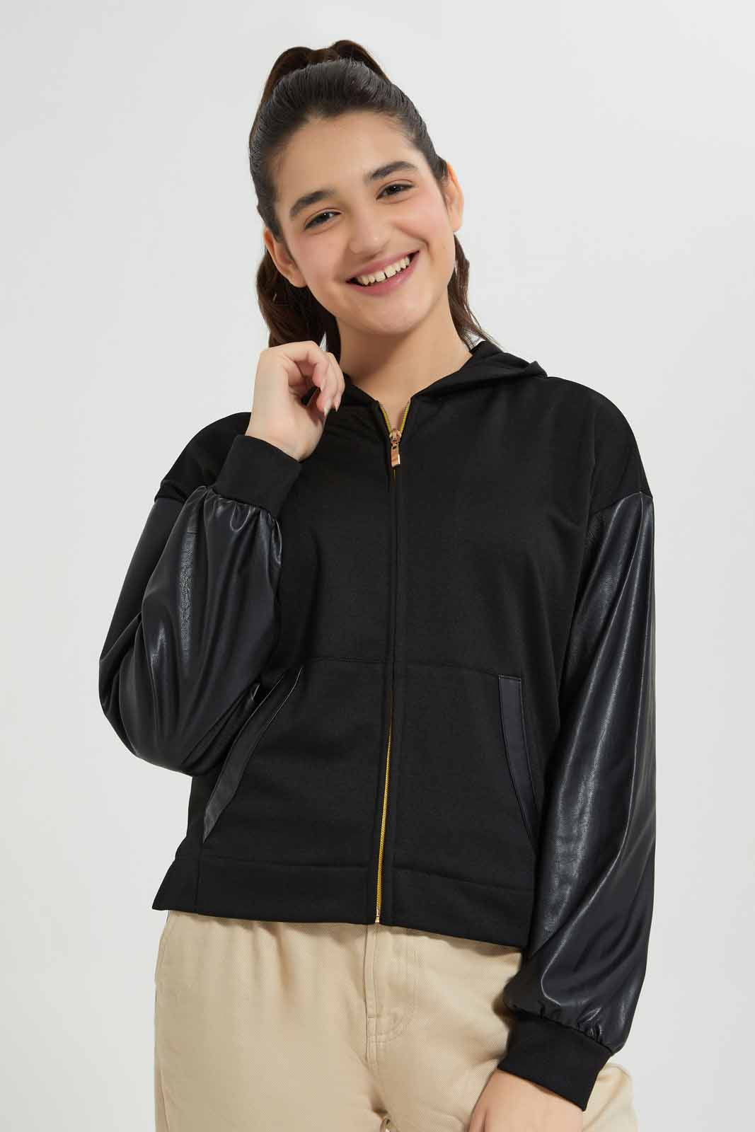 Redtag-Black-Pu-Hoody-Jacket-Category:Sweatshirts,-Colour:Black,-Deals:New-In,-Filter:Senior-Girls-(8-to-14-Yrs),-GSR-Sweatshirts,-New-In-GSR-APL,-Non-Sale,-Section:Girls-(0-to-14Yrs),-W22B-Senior-Girls-9 to 14 Years