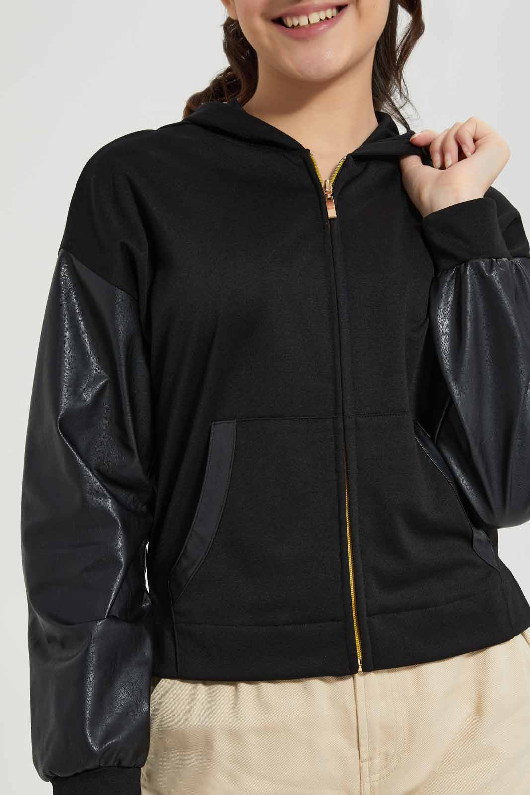 Redtag-Black-Pu-Hoody-Jacket-Category:Sweatshirts,-Colour:Black,-Deals:New-In,-Filter:Senior-Girls-(8-to-14-Yrs),-GSR-Sweatshirts,-New-In-GSR-APL,-Non-Sale,-Section:Girls-(0-to-14Yrs),-W22B-Senior-Girls-9 to 14 Years
