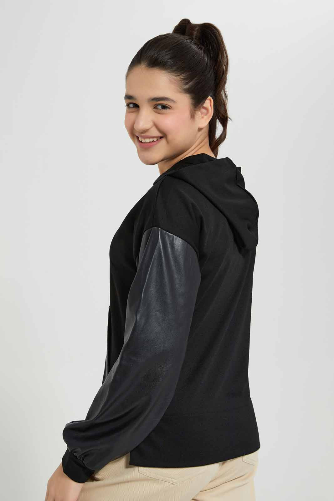 Redtag-Black-Pu-Hoody-Jacket-Category:Sweatshirts,-Colour:Black,-Deals:New-In,-Filter:Senior-Girls-(8-to-14-Yrs),-GSR-Sweatshirts,-New-In-GSR-APL,-Non-Sale,-Section:Girls-(0-to-14Yrs),-W22B-Senior-Girls-9 to 14 Years