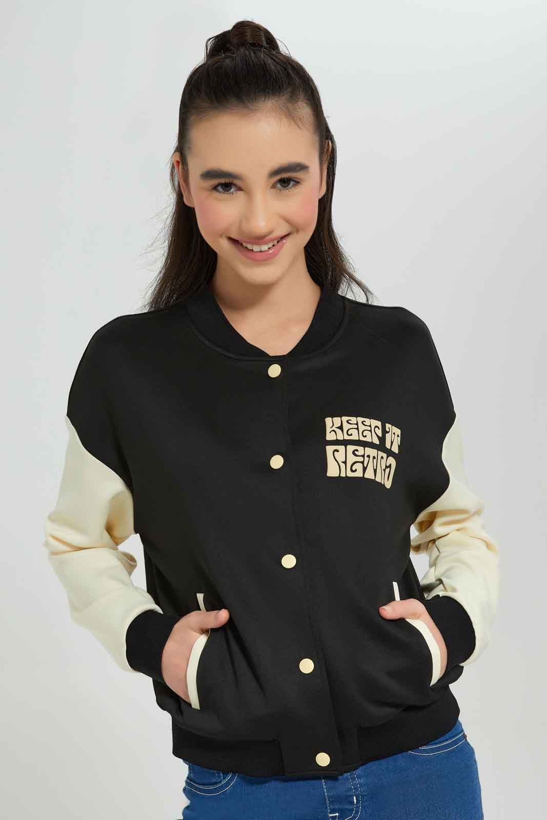 Redtag-Black/White-Bomber-Jacket-Category:Sweatshirts,-Colour:Black,-Deals:New-In,-Dept:Girls,-Filter:Senior-Girls-(8-to-14-Yrs),-GSR-Sweatshirts,-New-In-GSR-APL,-Non-Sale,-Section:Girls-(0-to-14Yrs),-W22B-Senior-Girls-9 to 14 Years