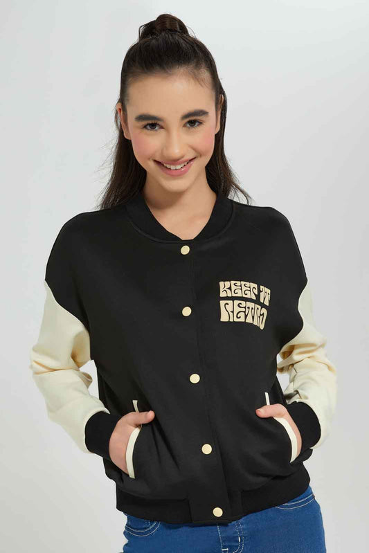 Redtag-Black/White-Bomber-Jacket-Category:Sweatshirts,-Colour:Black,-Deals:New-In,-Dept:Girls,-Filter:Senior-Girls-(8-to-14-Yrs),-GSR-Sweatshirts,-New-In-GSR-APL,-Non-Sale,-Section:Girls-(0-to-14Yrs),-W22B-Senior-Girls-9 to 14 Years
