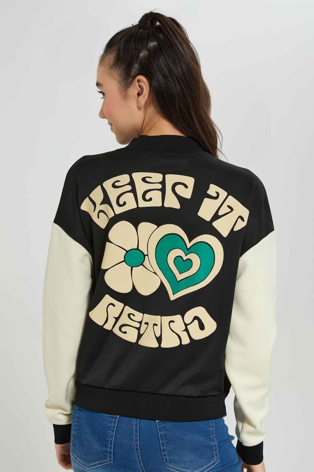Redtag-Black/White-Bomber-Jacket-Category:Sweatshirts,-Colour:Black,-Deals:New-In,-Dept:Girls,-Filter:Senior-Girls-(8-to-14-Yrs),-GSR-Sweatshirts,-New-In-GSR-APL,-Non-Sale,-Section:Girls-(0-to-14Yrs),-W22B-Senior-Girls-9 to 14 Years