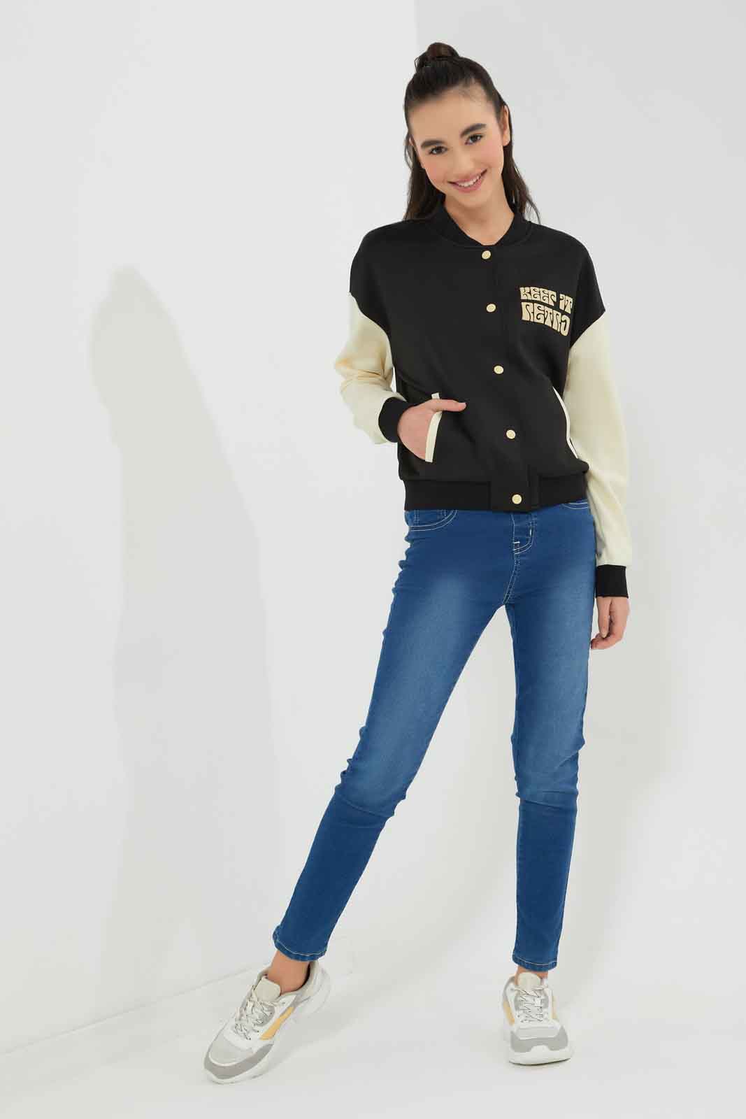 Redtag-Black/White-Bomber-Jacket-Category:Sweatshirts,-Colour:Black,-Deals:New-In,-Dept:Girls,-Filter:Senior-Girls-(8-to-14-Yrs),-GSR-Sweatshirts,-New-In-GSR-APL,-Non-Sale,-Section:Girls-(0-to-14Yrs),-W22B-Senior-Girls-9 to 14 Years