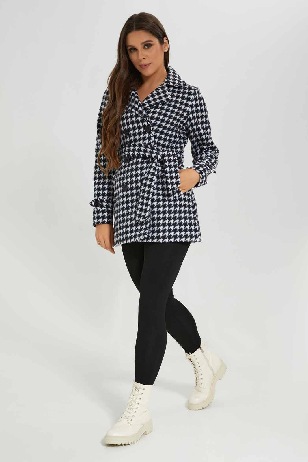Redtag-Black-L/S-Houndstooth-Pattern-Hooded-Belted-Coat-Category:Jackets,-Colour:Assorted,-Deals:New-In,-EHW,-Filter:Women's-Clothing,-New-In-Women-APL,-Non-Sale,-Section:Women,-W22B,-Women-Jackets-Women's-