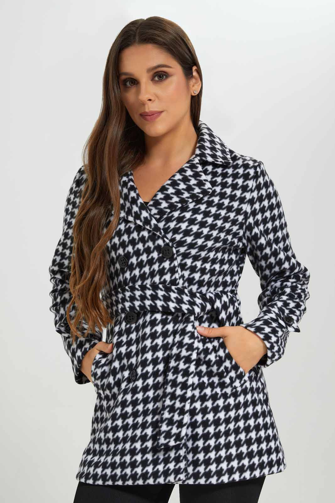 Redtag-Black-L/S-Houndstooth-Pattern-Hooded-Belted-Coat-Category:Jackets,-Colour:Assorted,-Deals:New-In,-EHW,-Filter:Women's-Clothing,-New-In-Women-APL,-Non-Sale,-Section:Women,-W22B,-Women-Jackets-Women's-