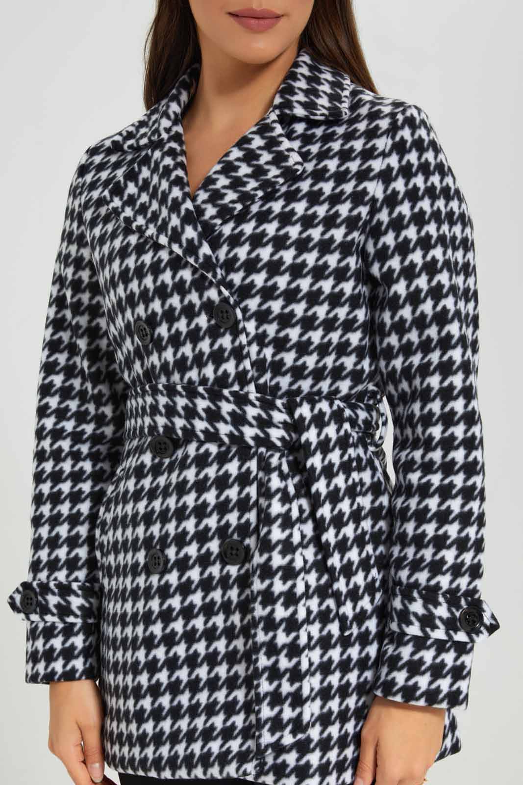 Redtag-Black-L/S-Houndstooth-Pattern-Hooded-Belted-Coat-Category:Jackets,-Colour:Assorted,-Deals:New-In,-EHW,-Filter:Women's-Clothing,-New-In-Women-APL,-Non-Sale,-Section:Women,-W22B,-Women-Jackets-Women's-