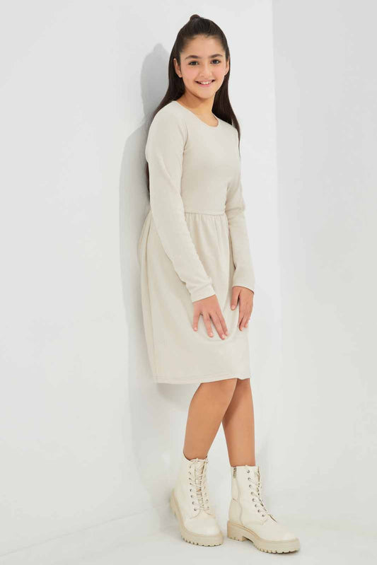 Redtag-Beige-Front-Tie-Knitted-Dress-Category:Dresses,-Colour:Beige,-Deals:New-In,-Filter:Senior-Girls-(8-to-14-Yrs),-GSR-Dresses,-New-In-GSR-APL,-Non-Sale,-Section:Girls-(0-to-14Yrs),-W22B-Senior-Girls-9 to 14 Years