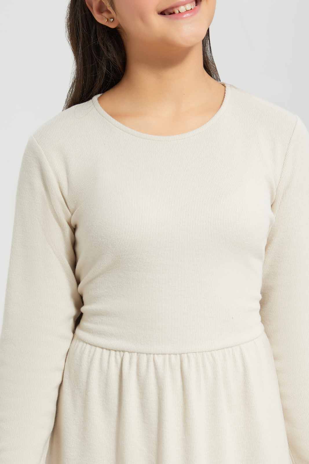 Redtag-Beige-Front-Tie-Knitted-Dress-Category:Dresses,-Colour:Beige,-Deals:New-In,-Filter:Senior-Girls-(8-to-14-Yrs),-GSR-Dresses,-New-In-GSR-APL,-Non-Sale,-Section:Girls-(0-to-14Yrs),-W22B-Senior-Girls-9 to 14 Years