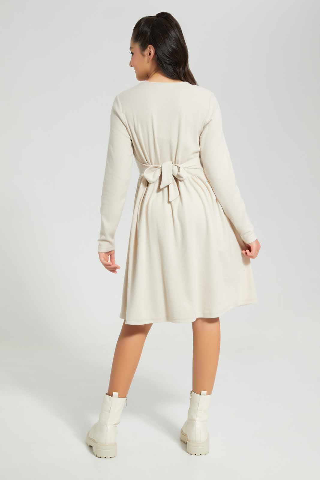 Redtag-Beige-Front-Tie-Knitted-Dress-Category:Dresses,-Colour:Beige,-Deals:New-In,-Filter:Senior-Girls-(8-to-14-Yrs),-GSR-Dresses,-New-In-GSR-APL,-Non-Sale,-Section:Girls-(0-to-14Yrs),-W22B-Senior-Girls-9 to 14 Years