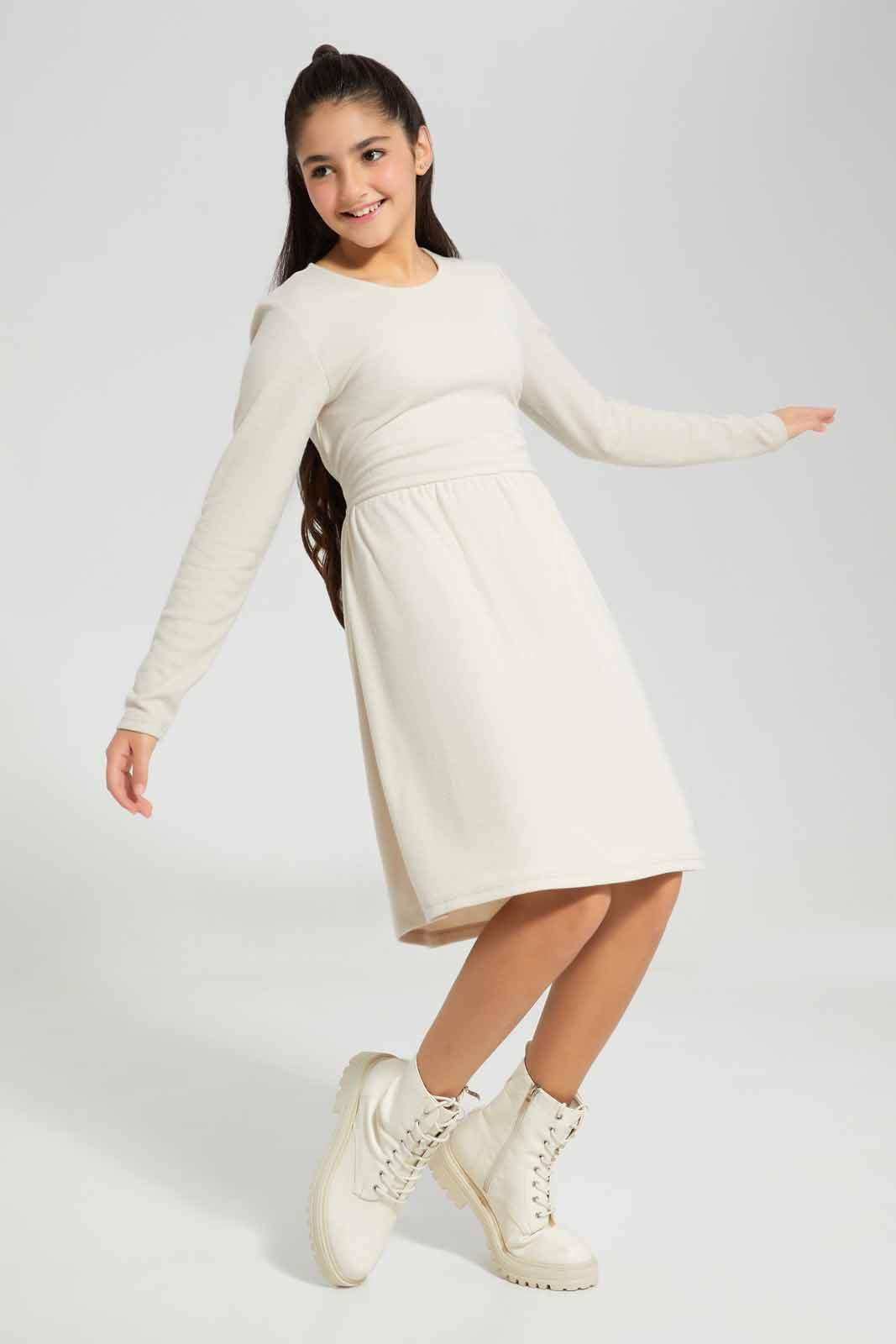 Redtag-Beige-Front-Tie-Knitted-Dress-Category:Dresses,-Colour:Beige,-Deals:New-In,-Filter:Senior-Girls-(8-to-14-Yrs),-GSR-Dresses,-New-In-GSR-APL,-Non-Sale,-Section:Girls-(0-to-14Yrs),-W22B-Senior-Girls-9 to 14 Years