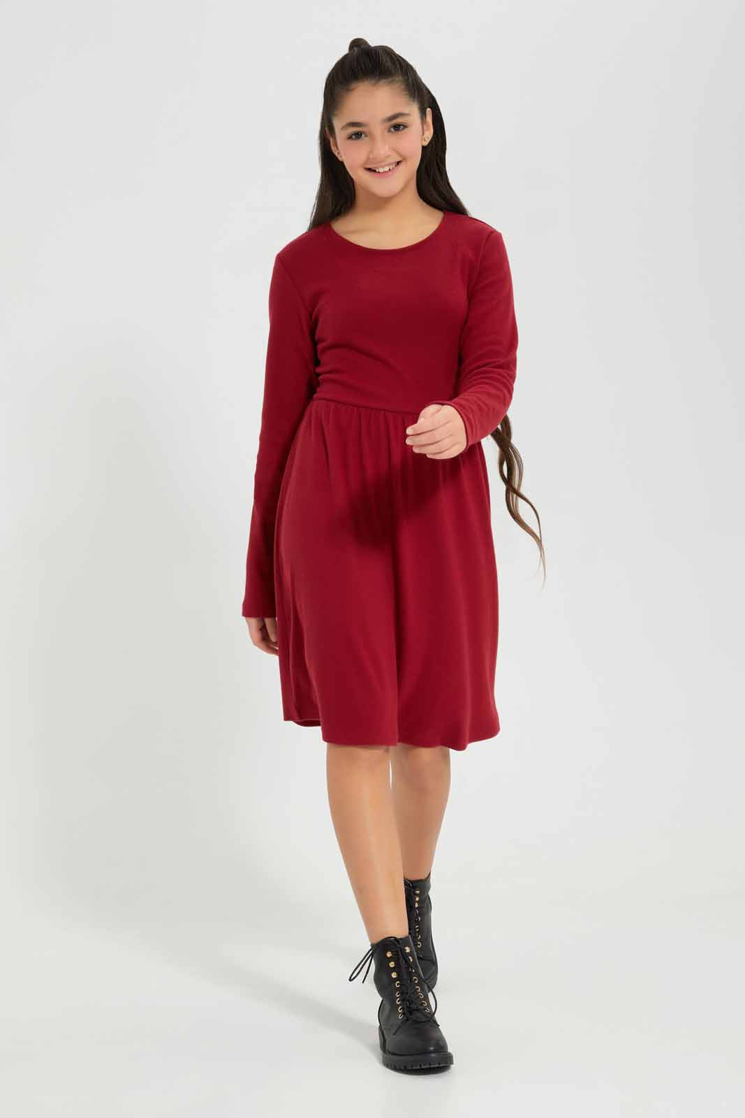 Redtag-Burgundy-Front-Tie-Knitted-Dress-Category:Dresses,-Colour:Burgundy,-Deals:New-In,-Filter:Senior-Girls-(8-to-14-Yrs),-GSR-Dresses,-New-In-GSR-APL,-Non-Sale,-Section:Girls-(0-to-14Yrs),-W22B-Senior-Girls-9 to 14 Years