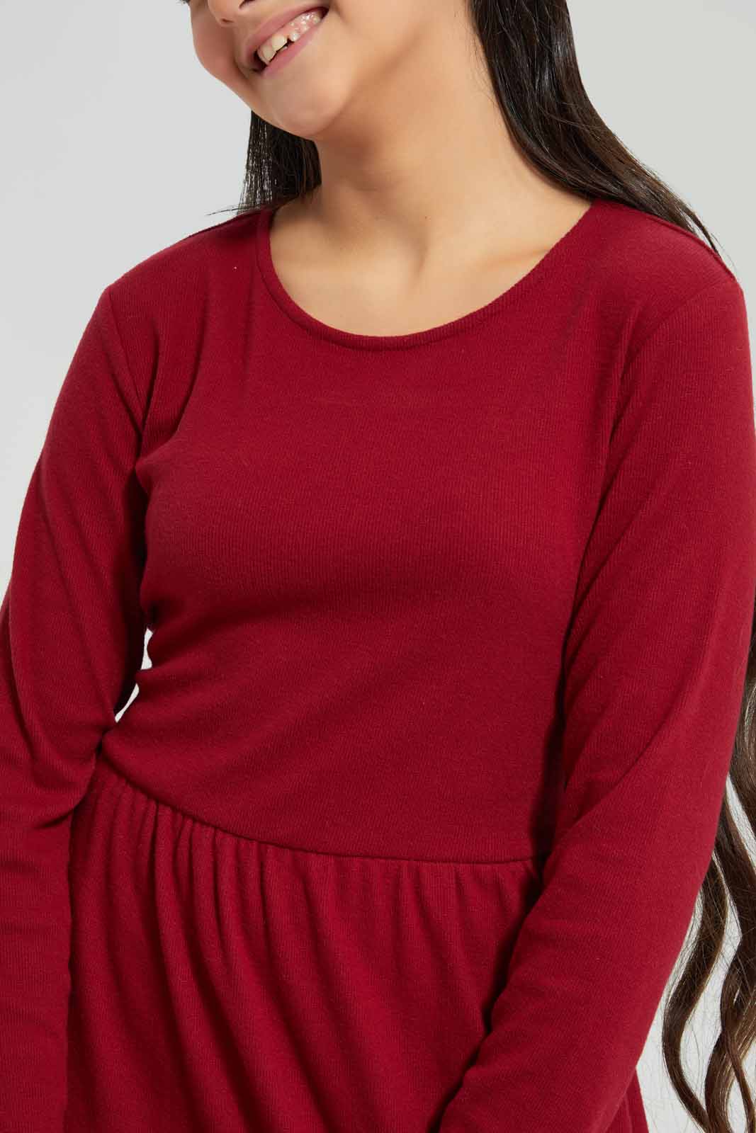 Redtag-Burgundy-Front-Tie-Knitted-Dress-Category:Dresses,-Colour:Burgundy,-Deals:New-In,-Filter:Senior-Girls-(8-to-14-Yrs),-GSR-Dresses,-New-In-GSR-APL,-Non-Sale,-Section:Girls-(0-to-14Yrs),-W22B-Senior-Girls-9 to 14 Years