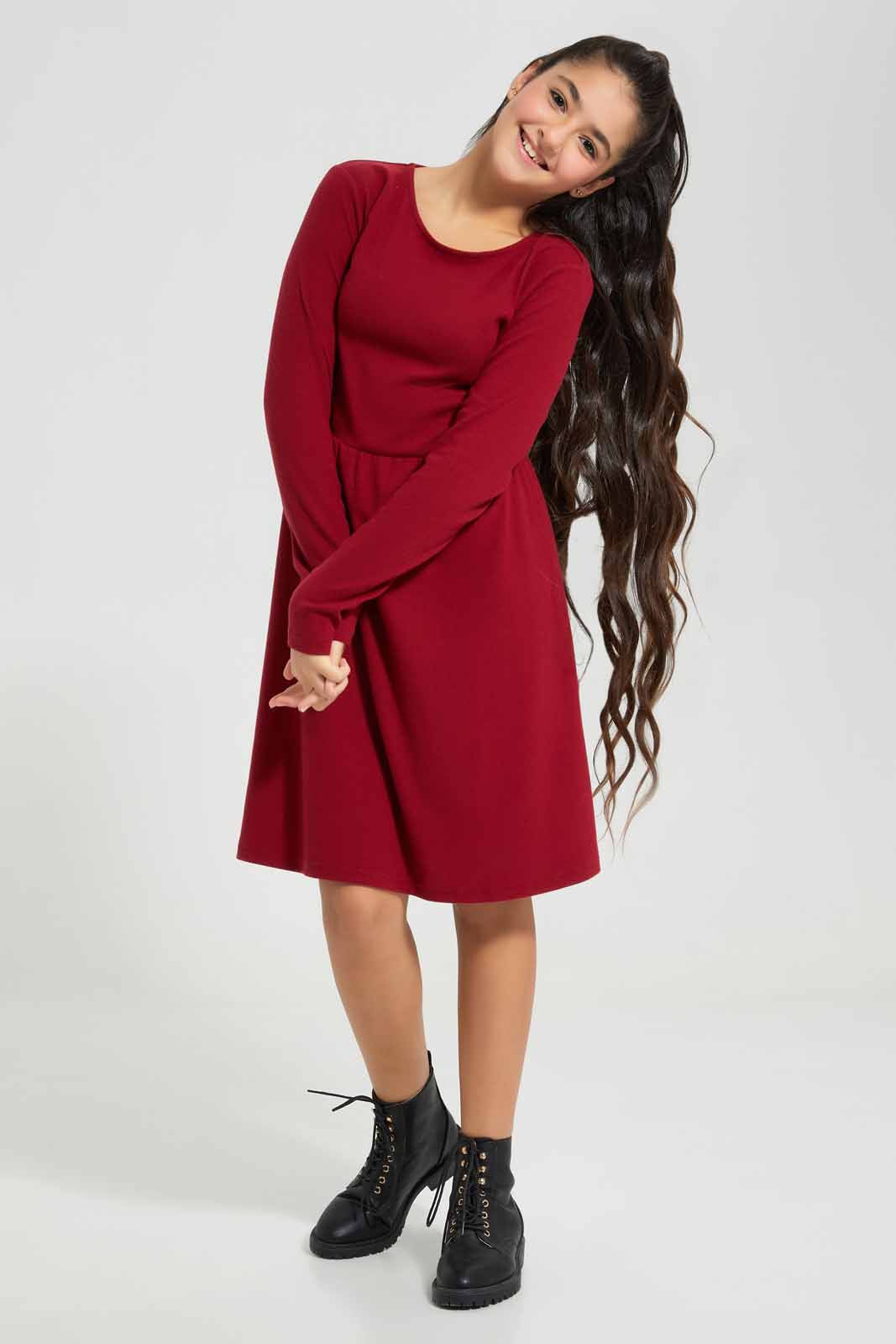 Redtag-Burgundy-Front-Tie-Knitted-Dress-Category:Dresses,-Colour:Burgundy,-Deals:New-In,-Filter:Senior-Girls-(8-to-14-Yrs),-GSR-Dresses,-New-In-GSR-APL,-Non-Sale,-Section:Girls-(0-to-14Yrs),-W22B-Senior-Girls-9 to 14 Years