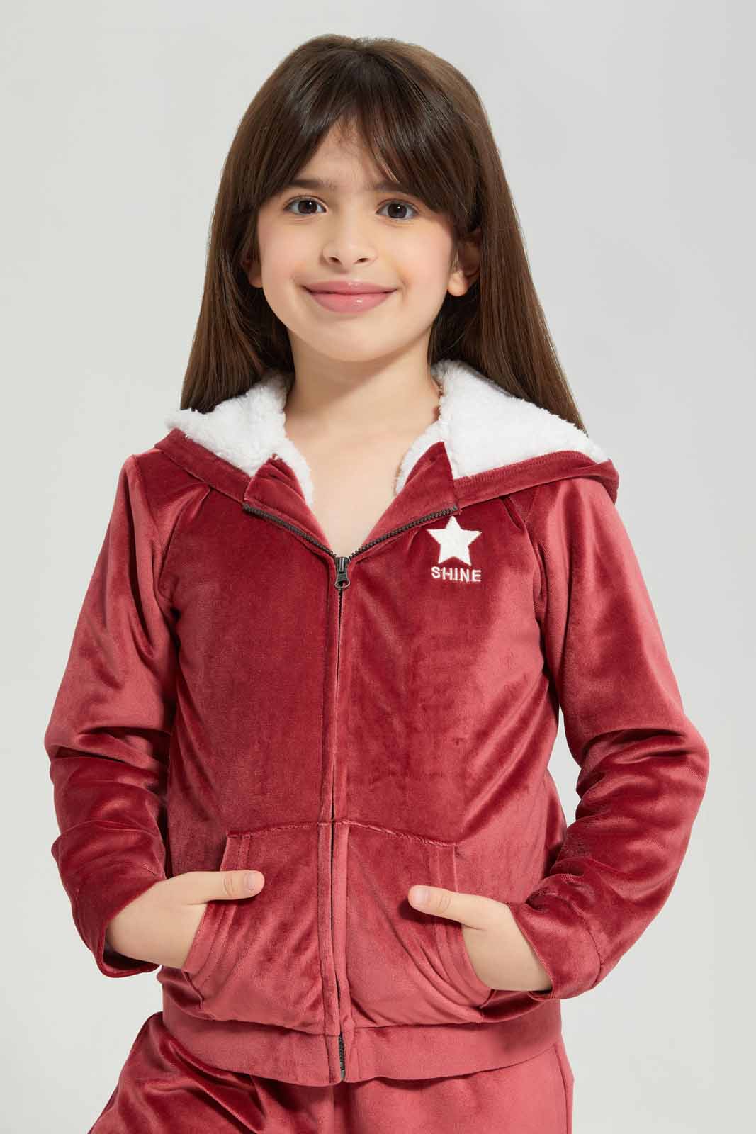 Redtag-Red-Velour-Jogsuit-With-Shrepa-Hood-Category:Jog-Sets,-Colour:Red,-Deals:New-In,-EHW,-Filter:Girls-(2-to-8-Yrs),-GIR-Jog-Sets,-New-In-GIR-APL,-Non-Sale,-Section:Girls-(0-to-14Yrs),-W22B-Girls-2 to 8 Years