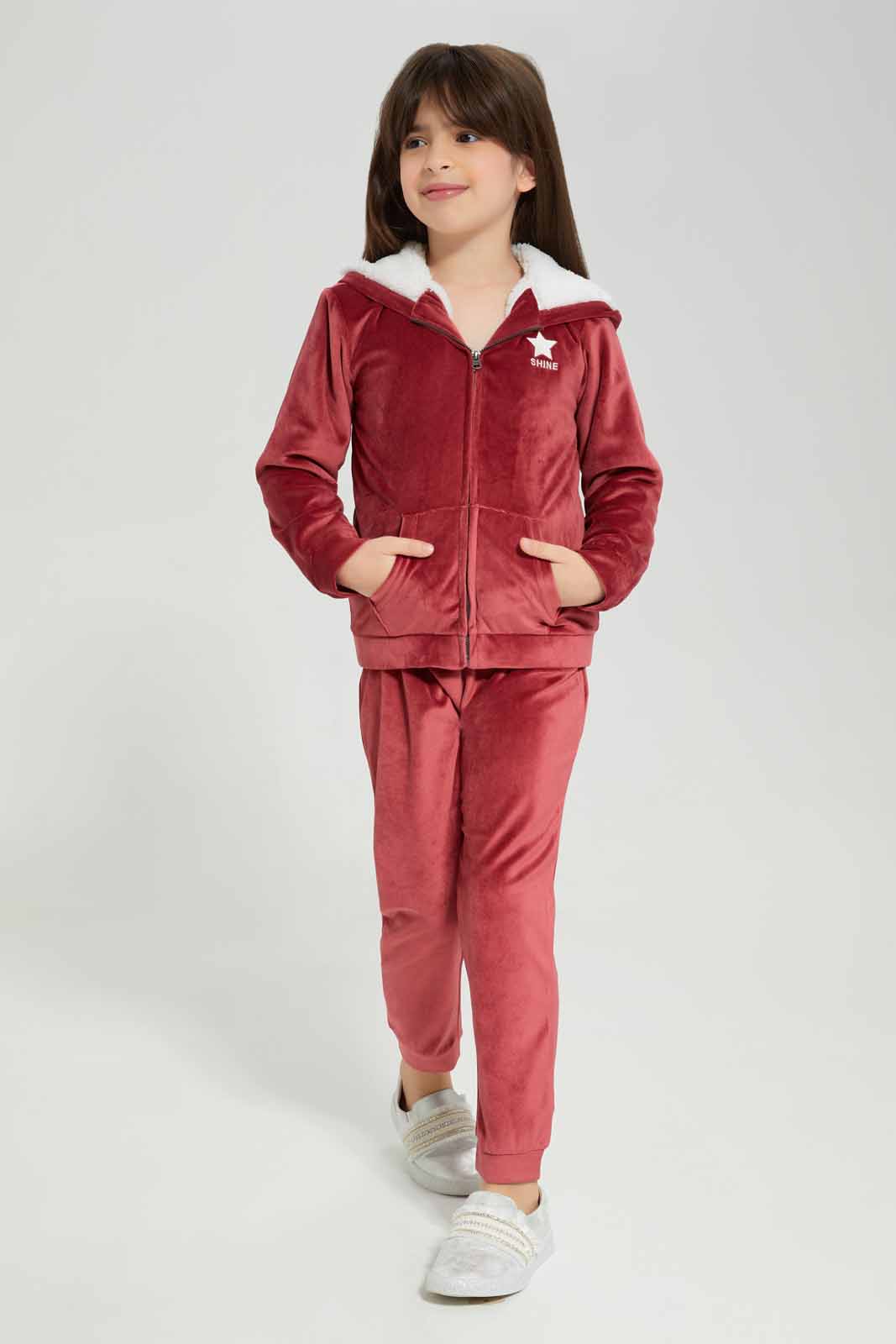 Redtag-Red-Velour-Jogsuit-With-Shrepa-Hood-Category:Jog-Sets,-Colour:Red,-Deals:New-In,-EHW,-Filter:Girls-(2-to-8-Yrs),-GIR-Jog-Sets,-New-In-GIR-APL,-Non-Sale,-Section:Girls-(0-to-14Yrs),-W22B-Girls-2 to 8 Years