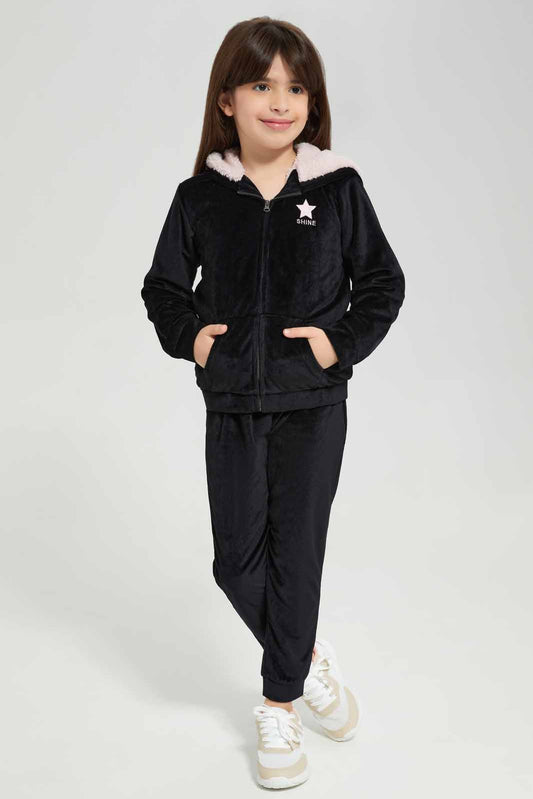 Redtag-Black-Velour-Jogsuit-With-Shrepa-Hood-Category:Jog-Sets,-Colour:Black,-Deals:New-In,-EHW,-Filter:Girls-(2-to-8-Yrs),-GIR-Jog-Sets,-New-In-GIR-APL,-Non-Sale,-Section:Girls-(0-to-14Yrs),-W22B-Girls-2 to 8 Years