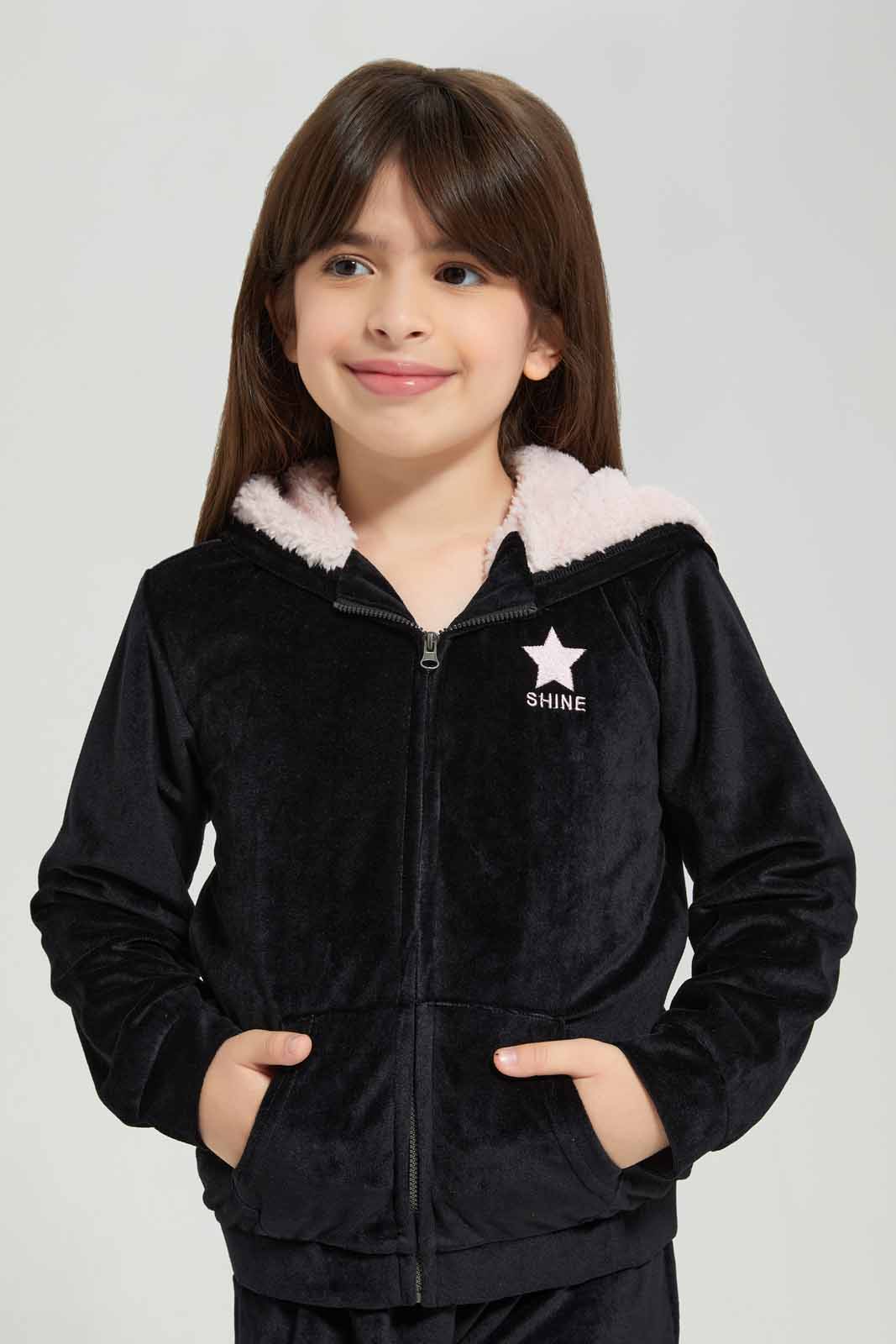Redtag-Black-Velour-Jogsuit-With-Shrepa-Hood-Category:Jog-Sets,-Colour:Black,-Deals:New-In,-EHW,-Filter:Girls-(2-to-8-Yrs),-GIR-Jog-Sets,-New-In-GIR-APL,-Non-Sale,-Section:Girls-(0-to-14Yrs),-W22B-Girls-2 to 8 Years