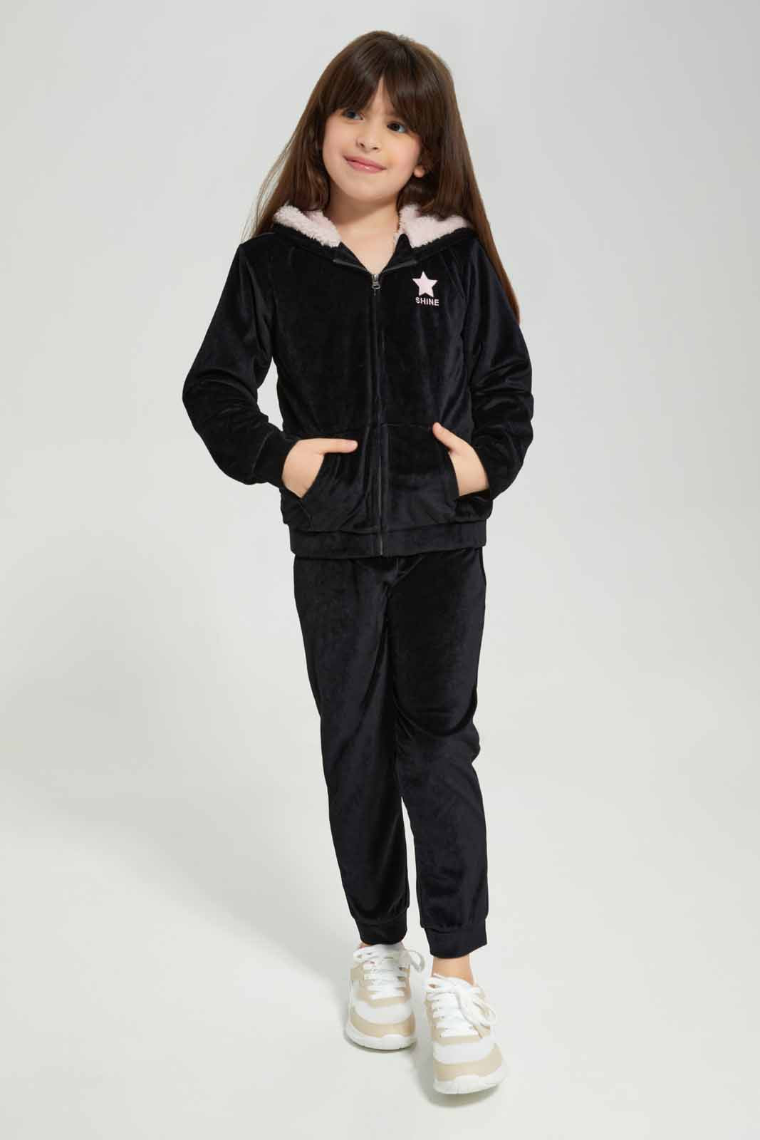 Redtag-Black-Velour-Jogsuit-With-Shrepa-Hood-Category:Jog-Sets,-Colour:Black,-Deals:New-In,-EHW,-Filter:Girls-(2-to-8-Yrs),-GIR-Jog-Sets,-New-In-GIR-APL,-Non-Sale,-Section:Girls-(0-to-14Yrs),-W22B-Girls-2 to 8 Years